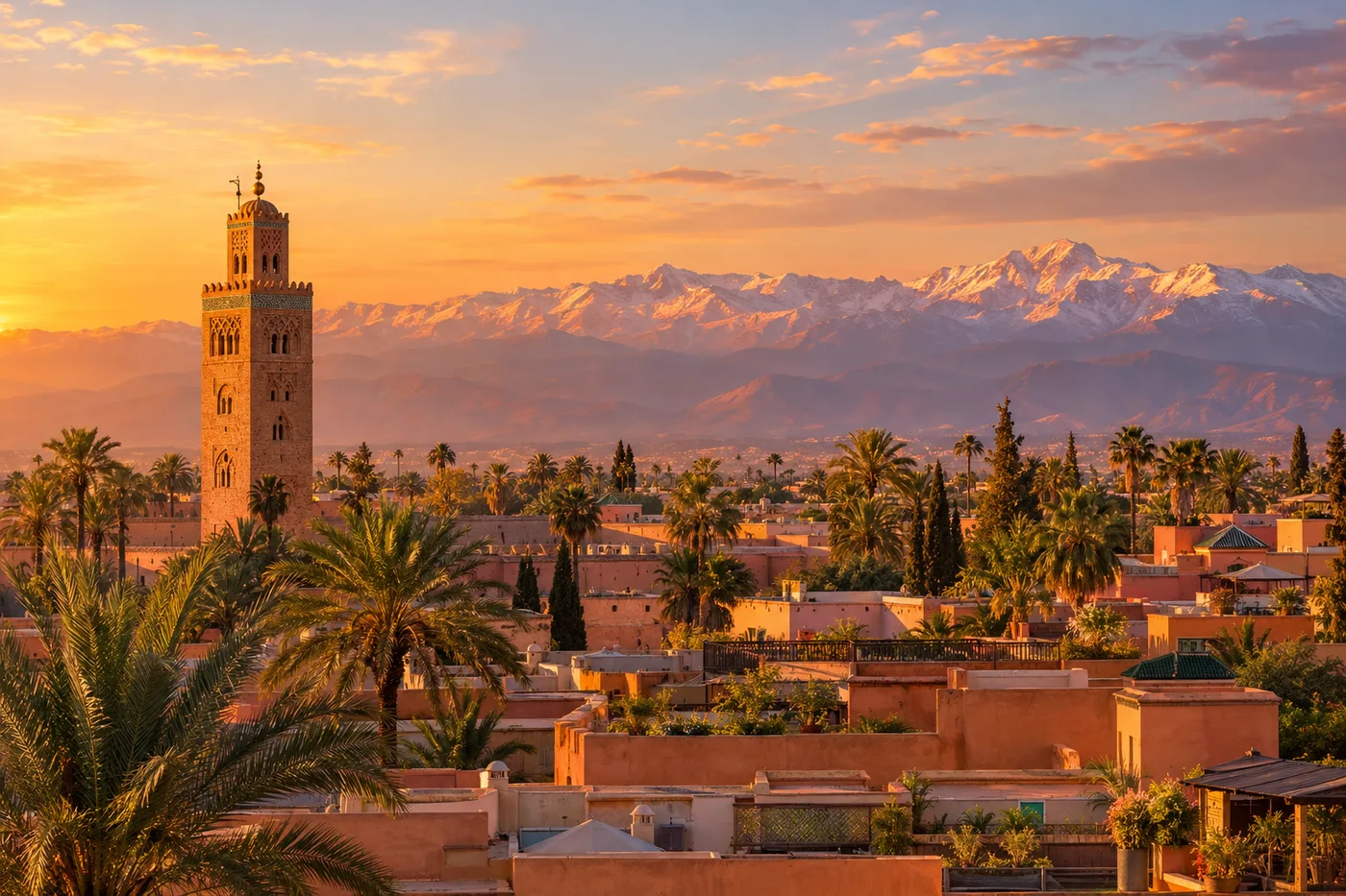 Marrakech au coucher du soleil : le minaret de la Koutoubia, les palmiers et les montagnes de l’Atlas