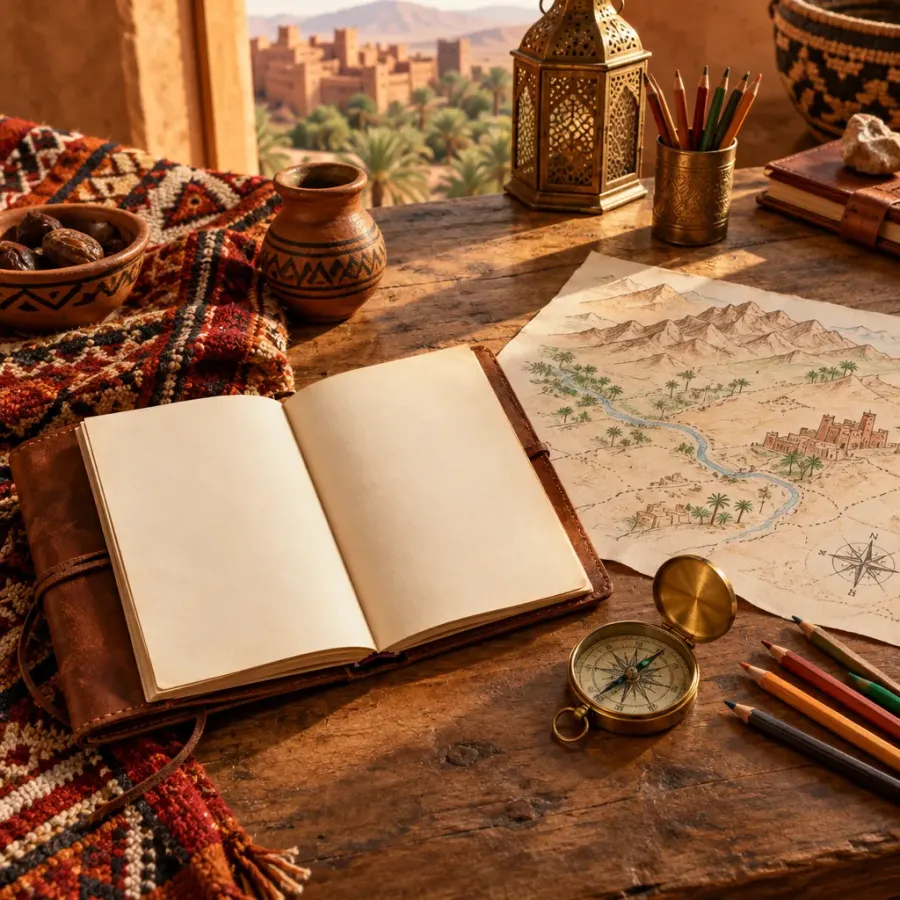 Un carnet de voyage ouvert, une boussole et une carte sur une table en bois