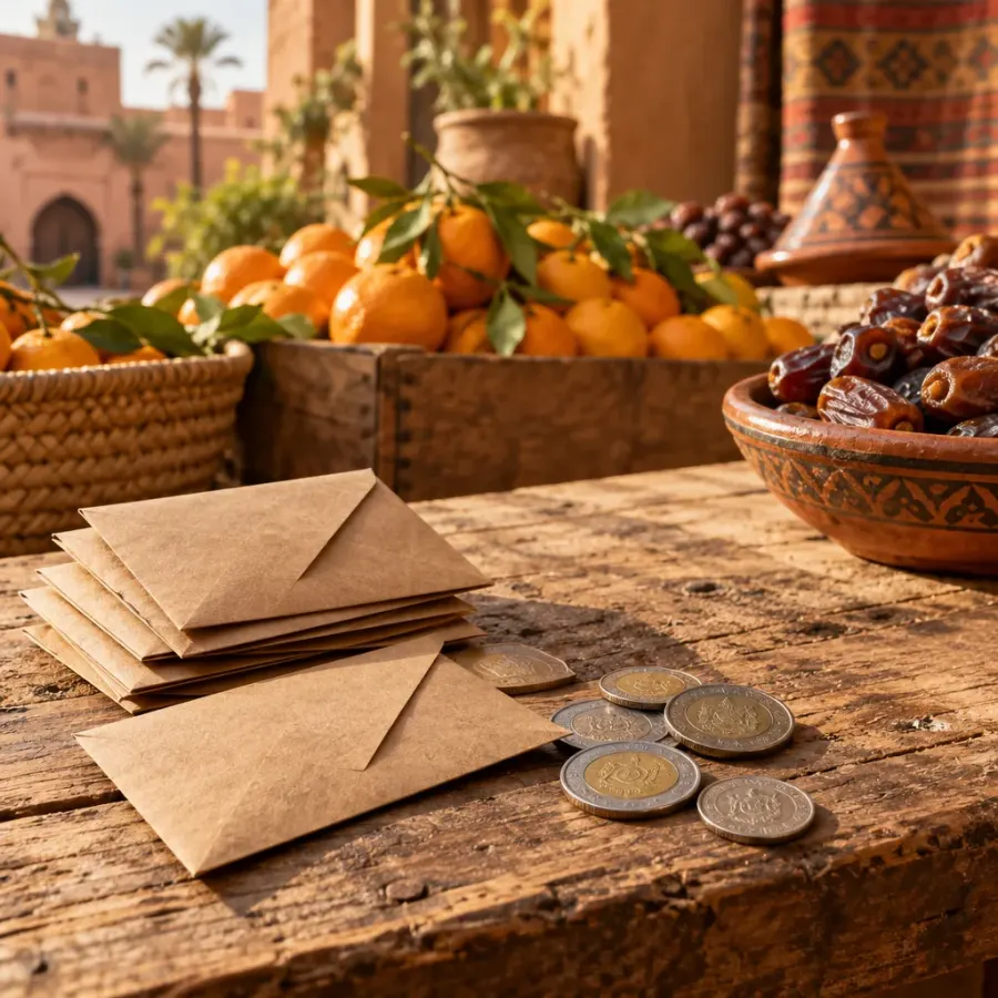 Des enveloppes et des pièces de monnaie marocaines sur l’étal d’un marché