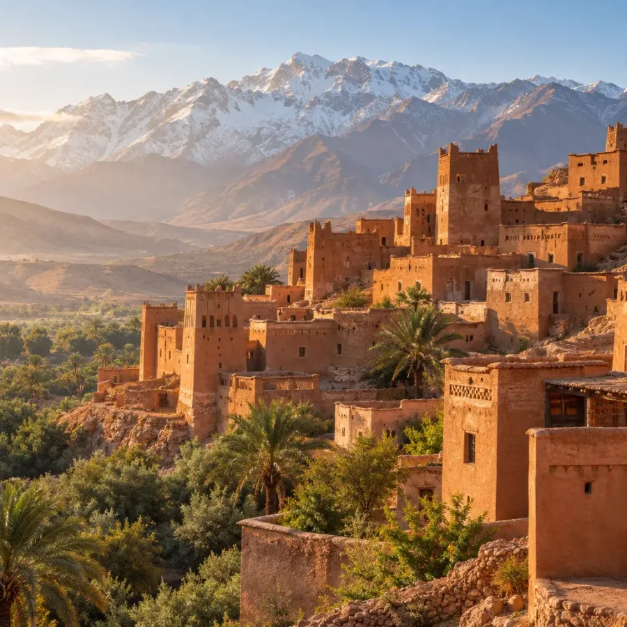 Une kasbah en terre au pied des montagnes de l’Atlas, dans la lumière du matin