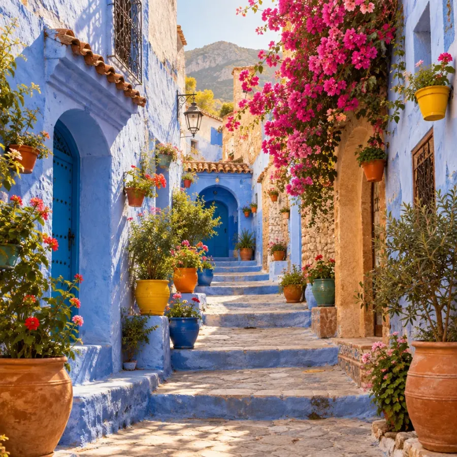 Une ruelle bleue fleurie de Chefchaouen