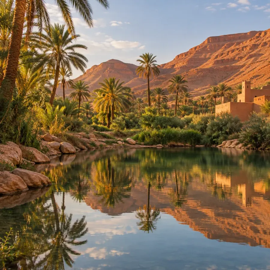 Une palmeraie et son plan d’eau dans une oasis du Maroc