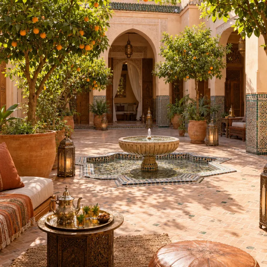 La cour paisible d’un riad avec sa fontaine, ses orangers et un service à thé