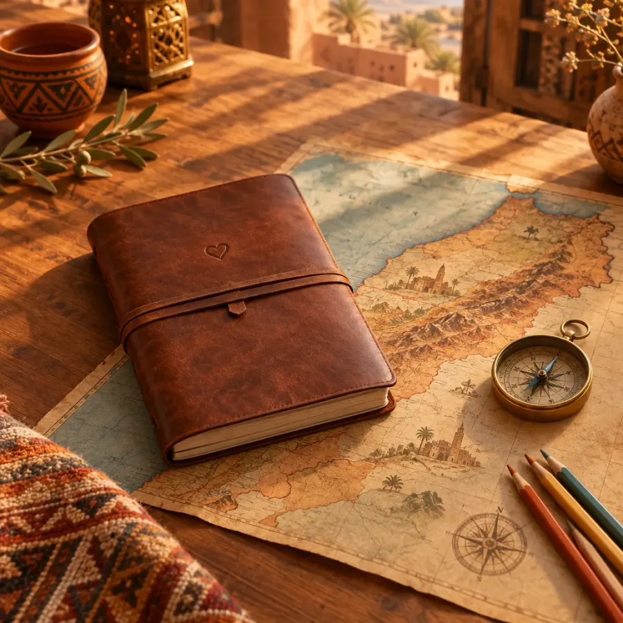 Le carnet des envies : un carnet en cuir posé sur une carte du Maroc, avec une boussole